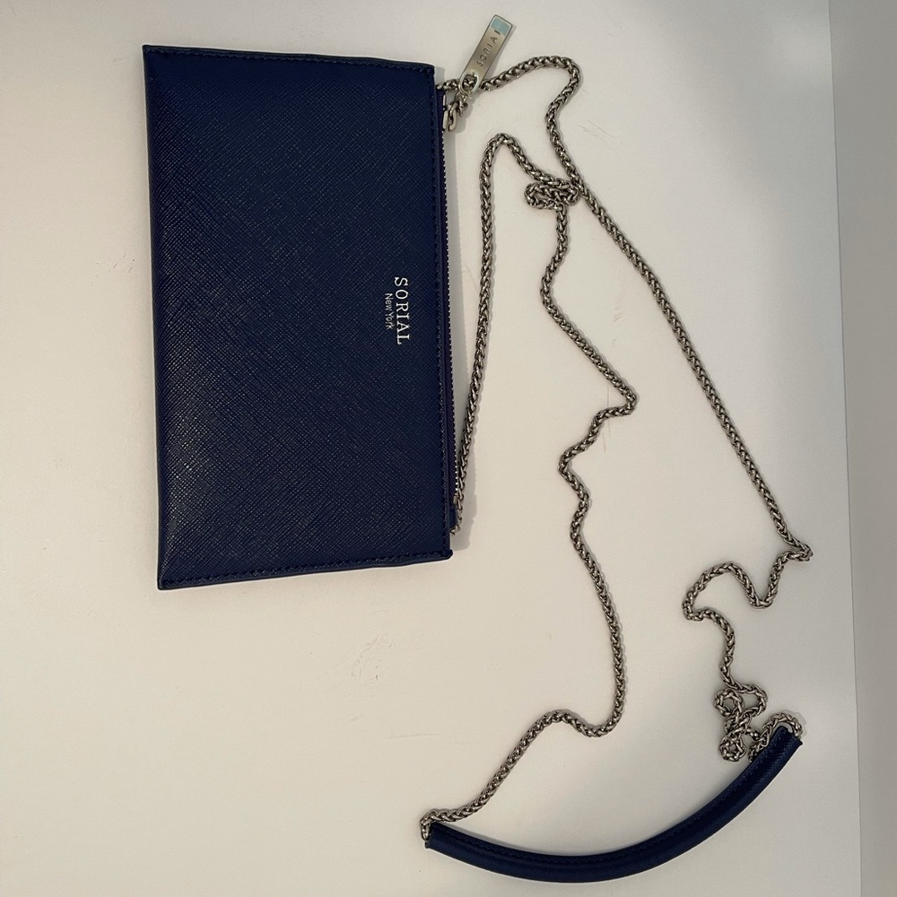 Sorial New York Saffiano crossbody purse, blue leather, silver chain.